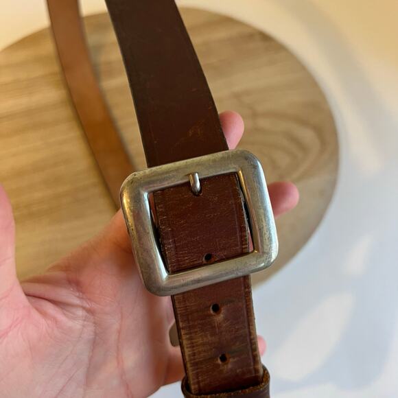 USA Made Brown Perfectly Worn in Leather Silver Square Buckle Belt Size Large - Picture 10 of 12